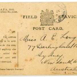 Field Service post card from James "Dick" Long to Amy "Ame" Long, 12 December 1917
