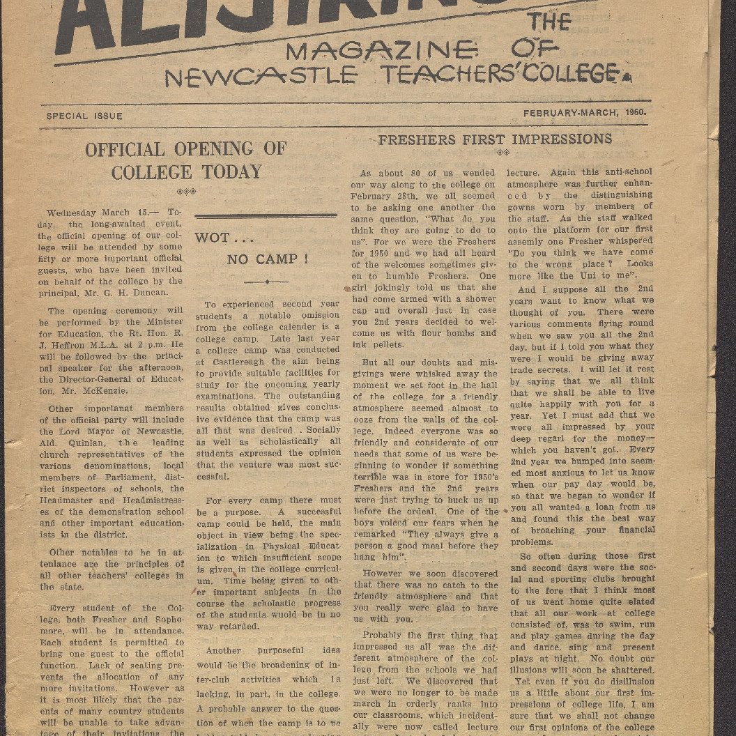 ALTJIRINGA. The Magazine of Newcastle Teachers' College. Special Issue. February-March 1950.