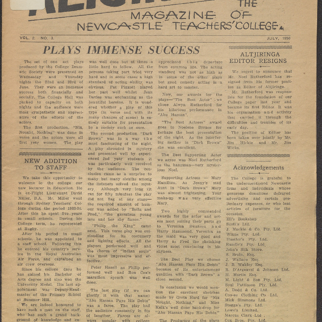 ALTJIRINGA. The Magazine of Newcastle Teachers' College. Vol.2. No.3. July, 1950.