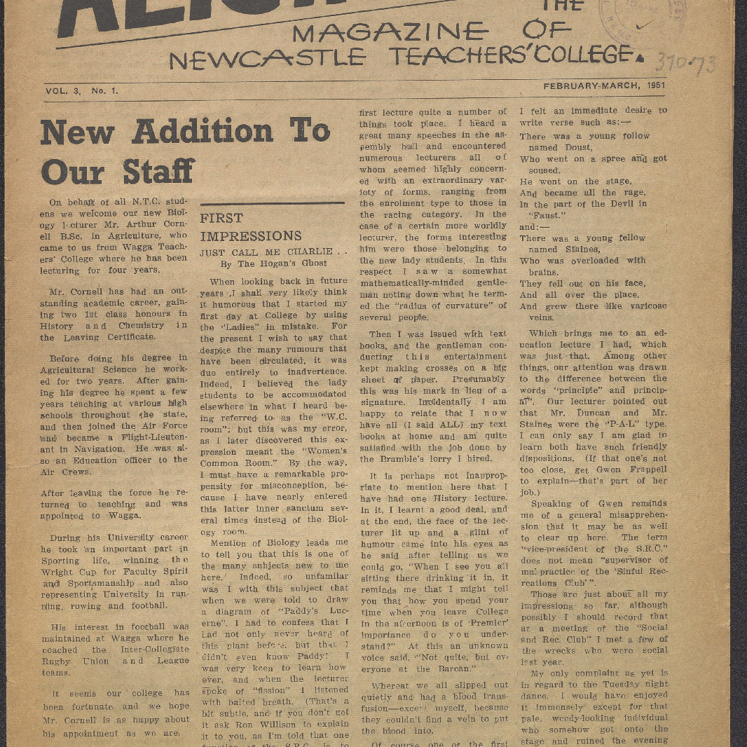 ALTJIRINGA. The Magazine of Newcastle Teachers' College. Vol. 3 No. 1 February-March, 1951.