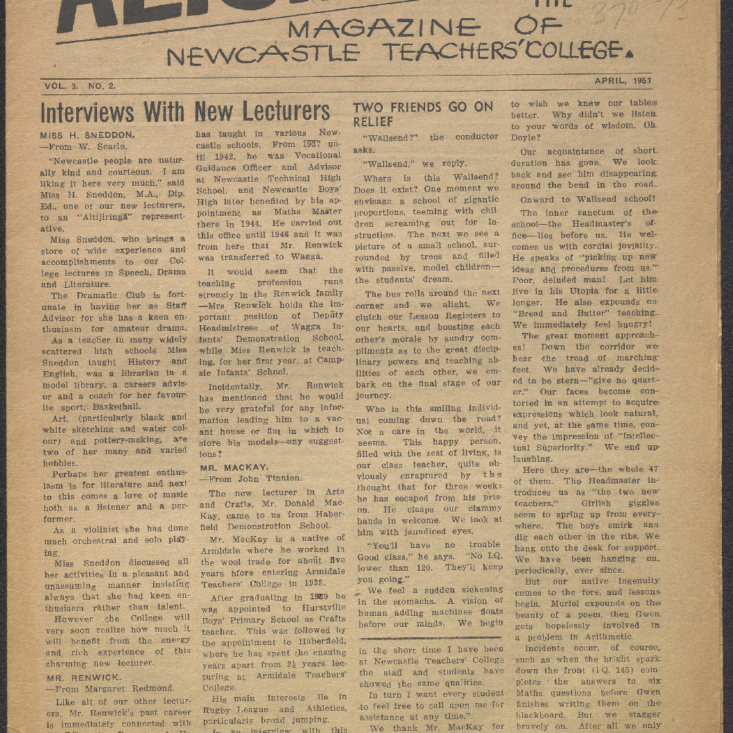 ALTJIRINGA. The Magazine of Newcastle Teachers' College. Vol. 3 No. 2 April, 1951.