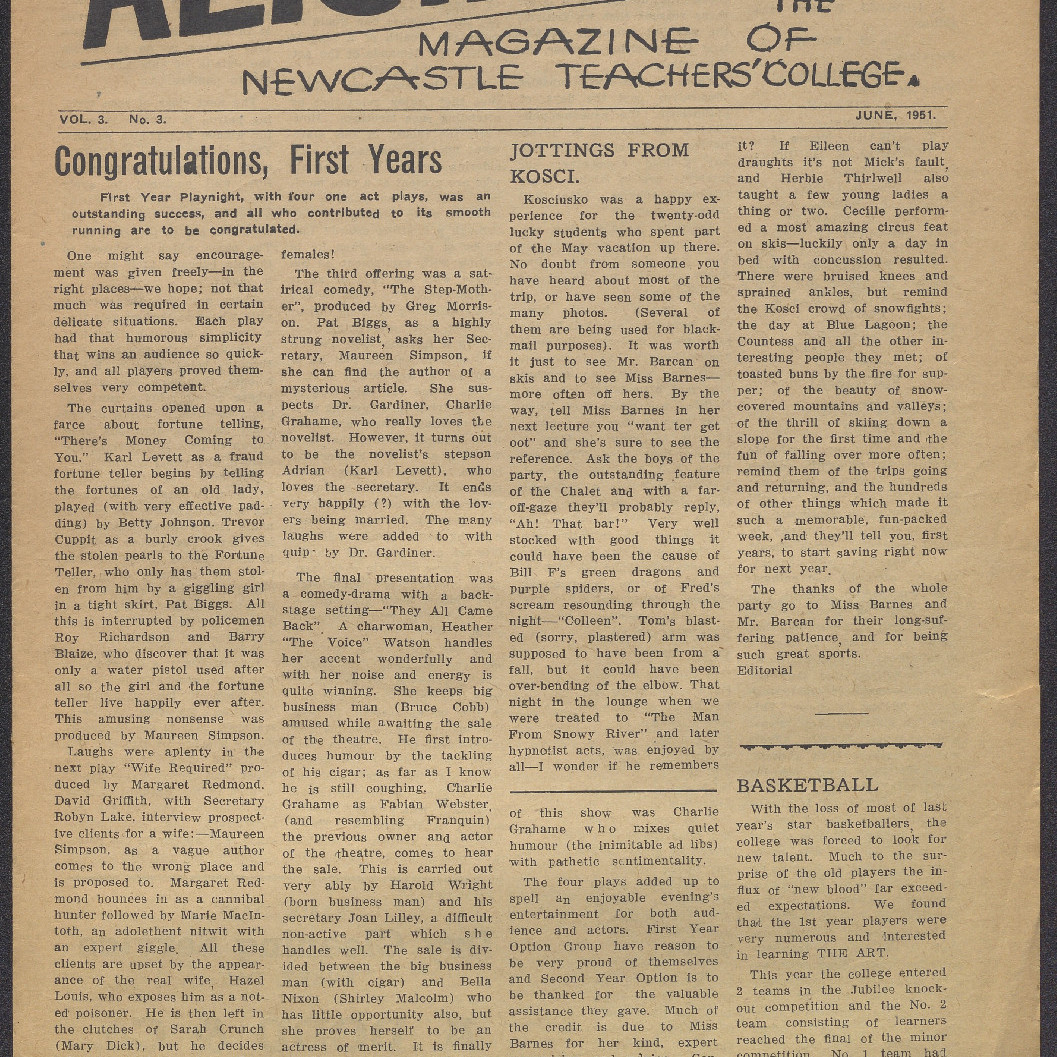 ALTJIRINGA. The Magazine of Newcastle Teachers' College. Vol. 3 No. 3 June, 1951.