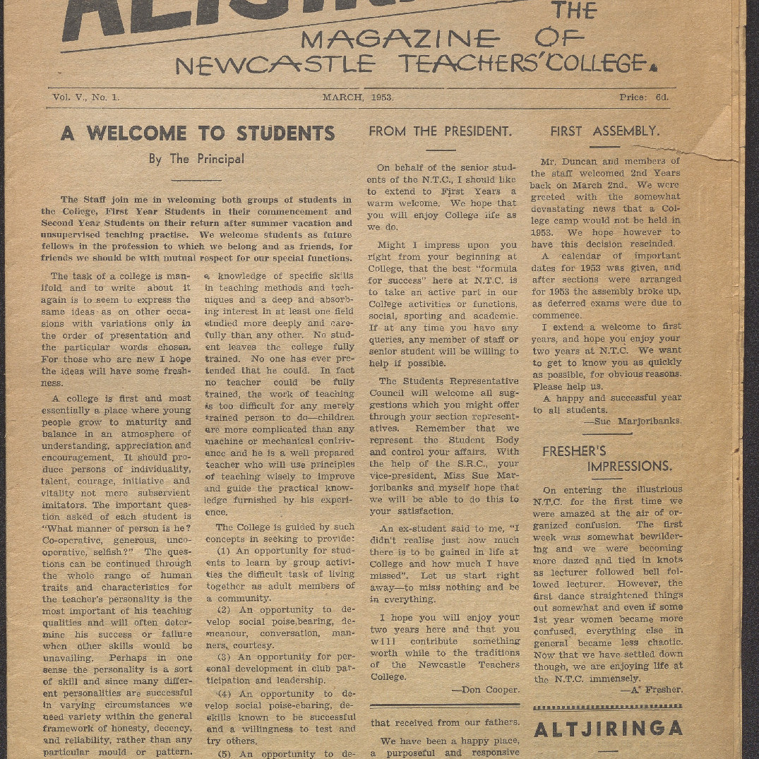ALTJIRINGA. The Magazine of Newcastle Teachers' College. Vol. 5 No. 1 March, 1953.