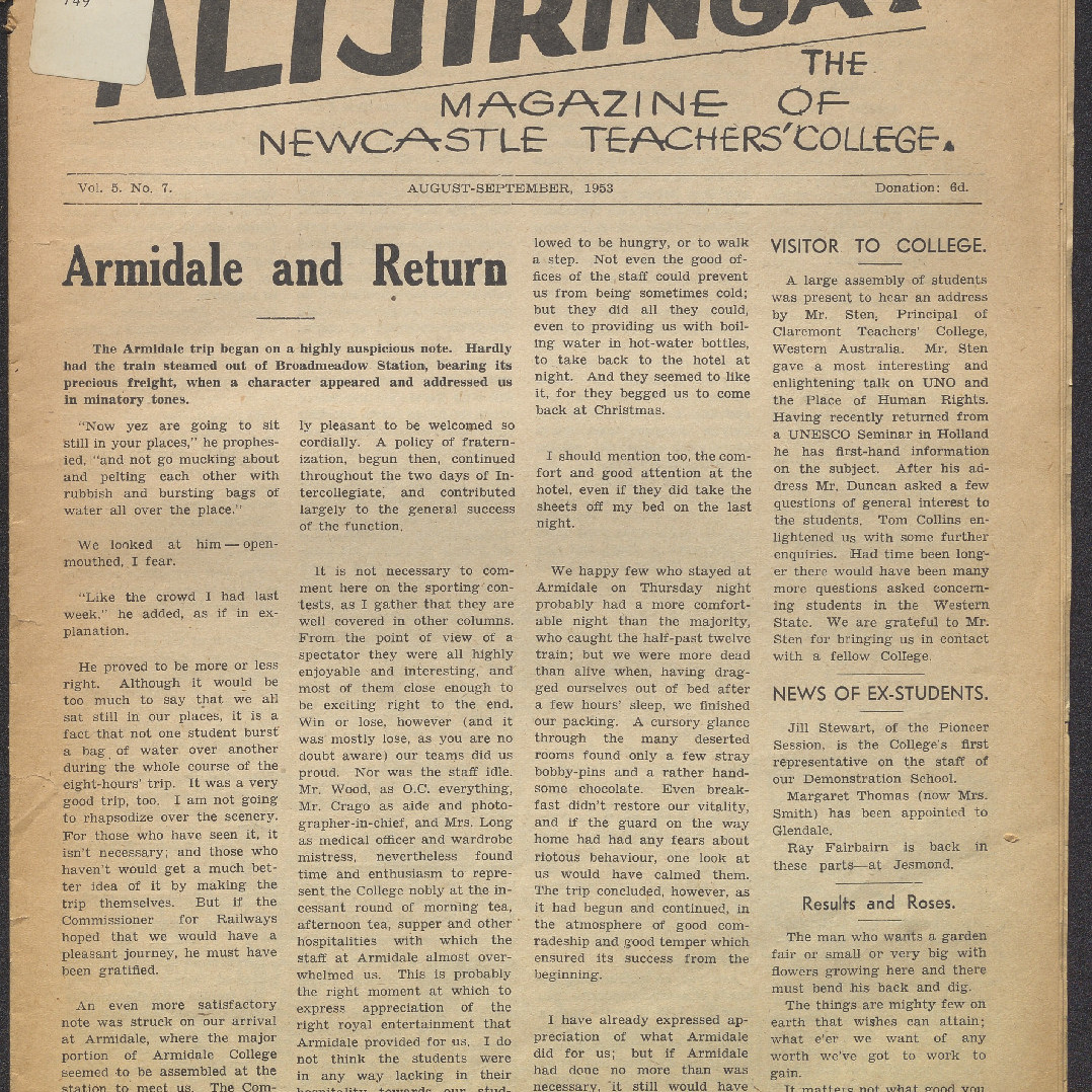 ALTJIRINGA. The Magazine of Newcastle Teachers' College. Vol. 5 No. 7 August-September, 1953