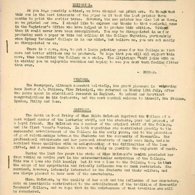 ALTJIRINGA. The Magazine of Newcastle Teachers' College. August, 1954