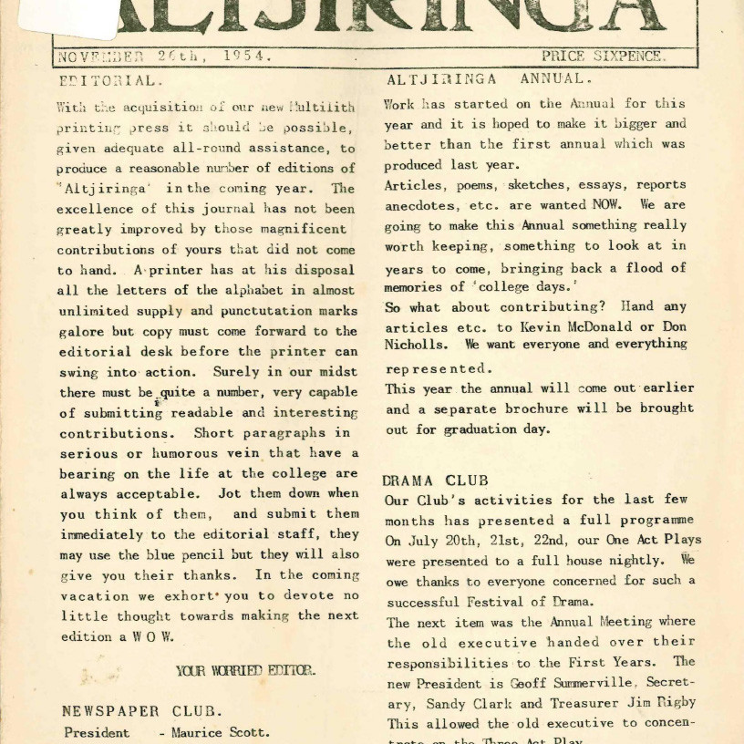 ALTJIRINGA. The Magazine of Newcastle Teachers' College. 26th November, 1954