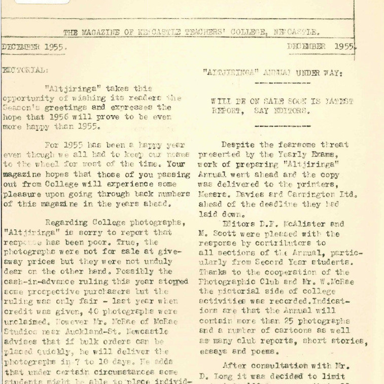 ALTJIRINGA. The Magazine of Newcastle Teachers' College. December 1955