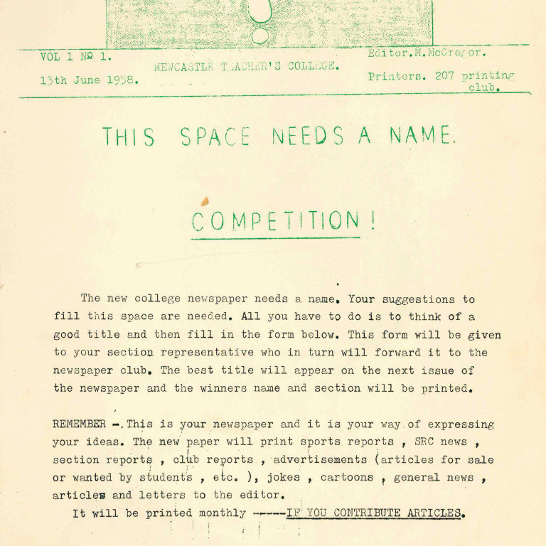 ? [ALTJIRINGA] Vol.1 No.1. 13th June 1958 "This Space Needs a Name. Competition."