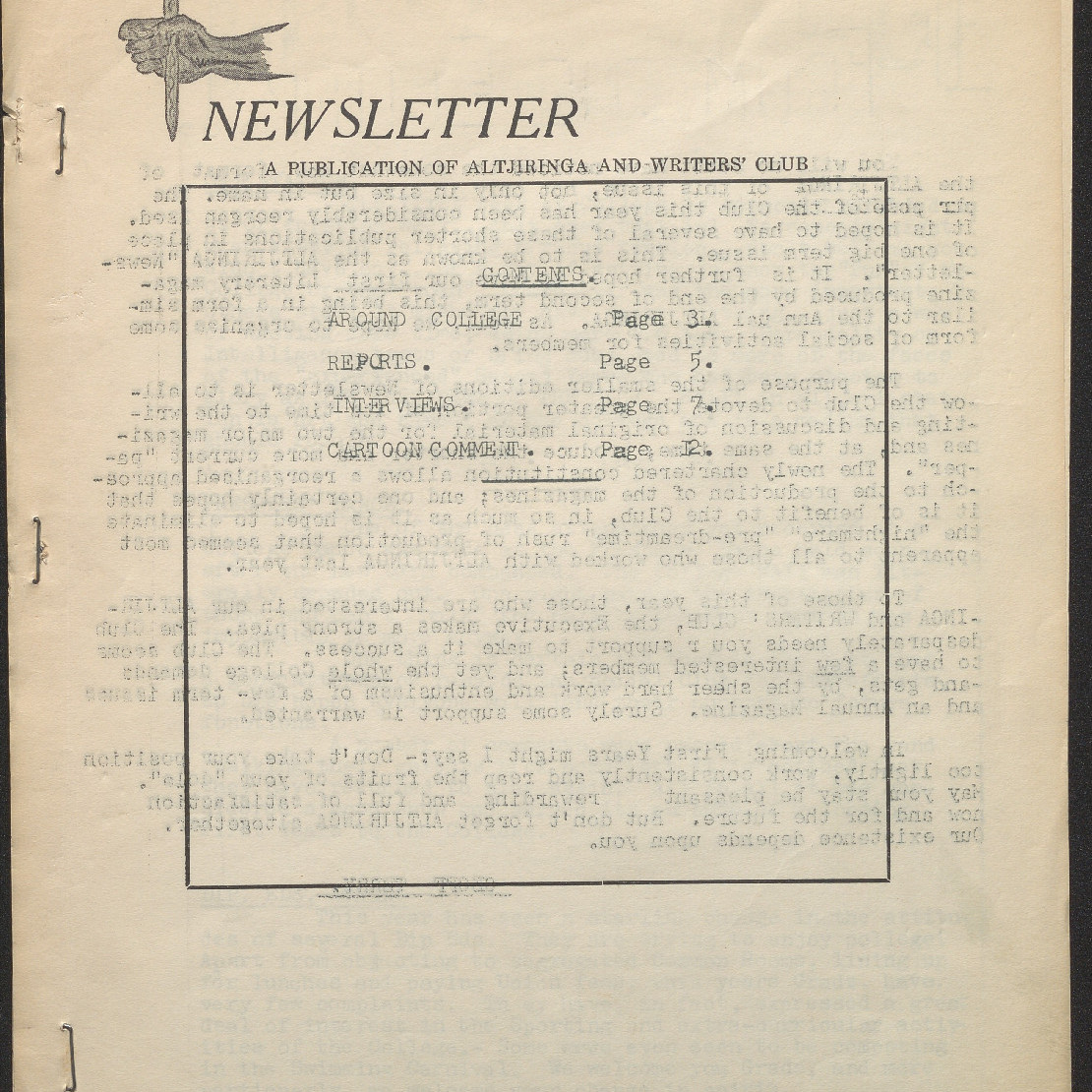 Altjiringa Newsletter: A Publication of Altjiringa and Writers' Club. Orientation 1965.