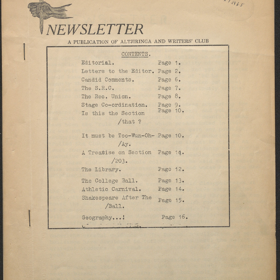 Altjiringa Newsletter: A Publication of Altjiringa and Writers' Club. 27th August, 1965.