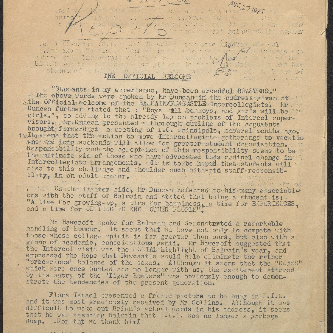 Altjiringa Newsletter: A Publication of Altjiringa and Writers' Club. 27th August, 1965. Intercol Reports