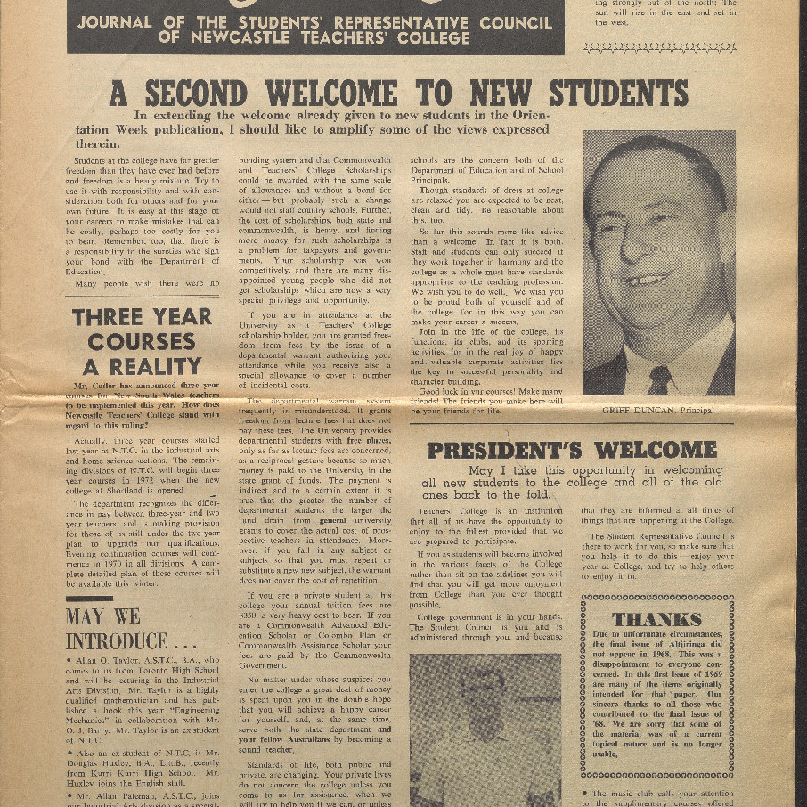 Altjiringa Journal of the Students’ Representative Council of Newcastle Teachers’ College. 6 March 1969.
