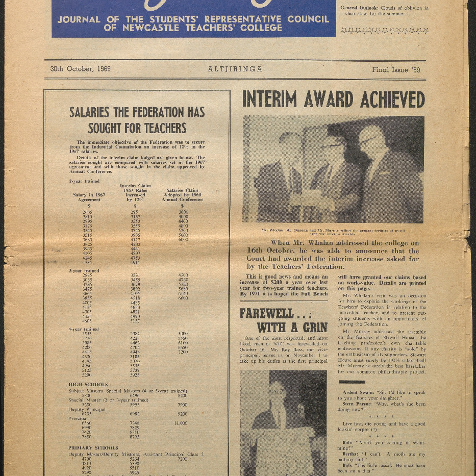 Altjiringa Journal of the Students’ Representative Council of Newcastle Teachers’ College. 30 October 1969.