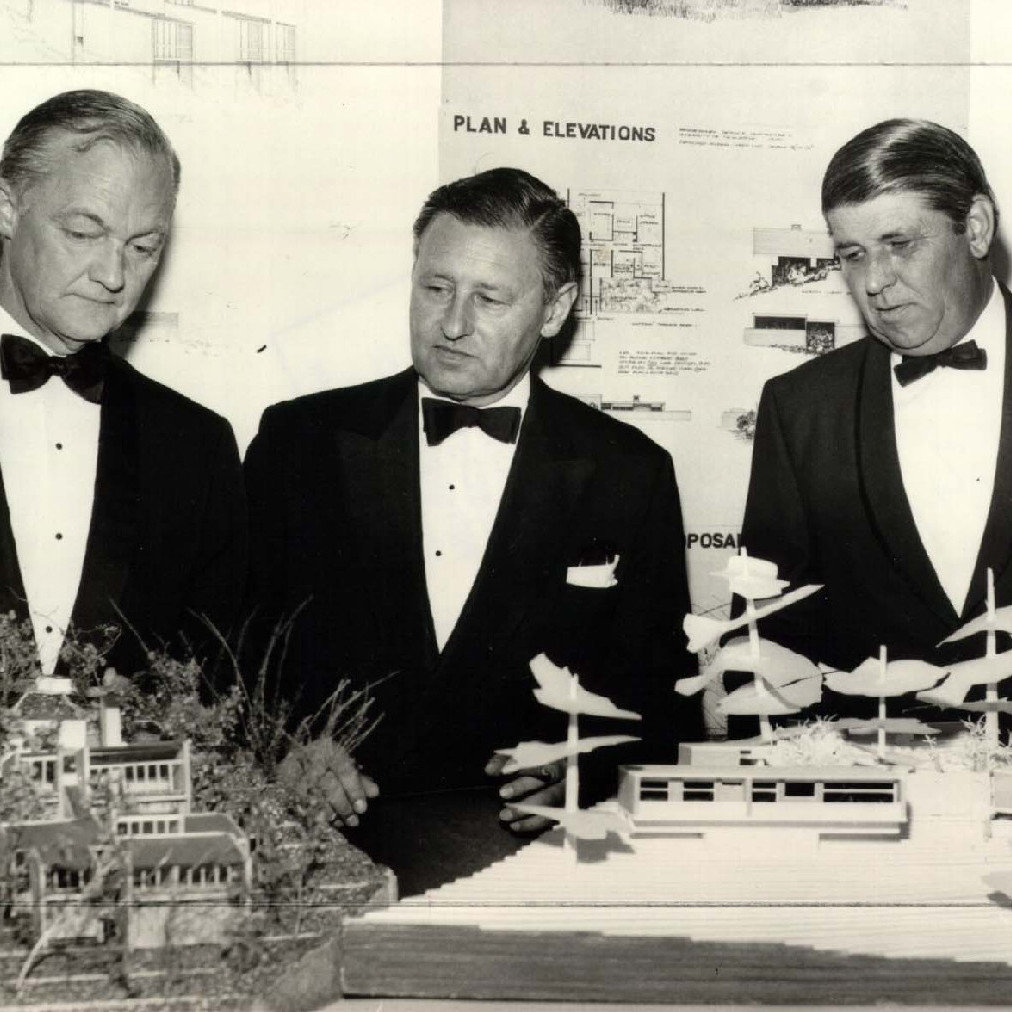 Dr Robin Boyd, Professor Frederick Romberg and Mr O Jarvis at opening of Architecture Building, 1971