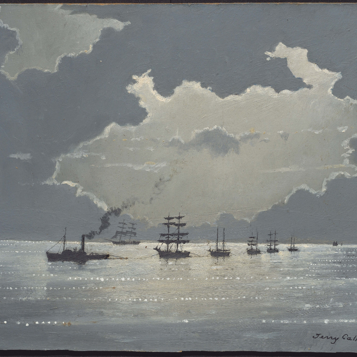 Tug 'Southland' towing five of the 'Mosquito Fleet' into Newcastle, 1876- Terry Callen