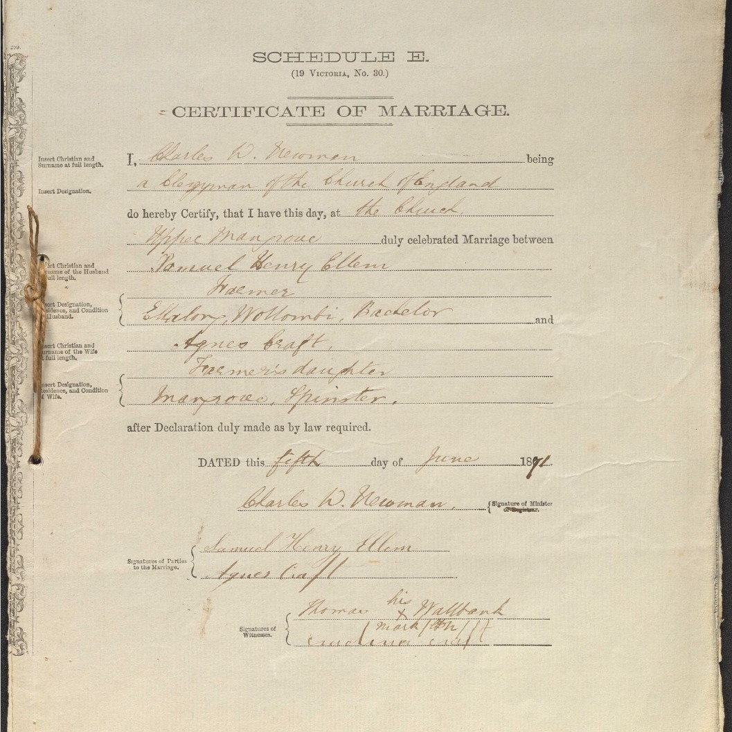 Schedule E. (19 Victoria, No. 30.), Certificate of Marriage (Upper Mangrove) 1871-1875