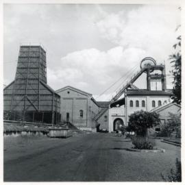Richmond Main Colliery. (L-R) Water Cooling Tower, Power House (wherein is winding motor), Pit Top Building and Poppit Head. [c.1960s]