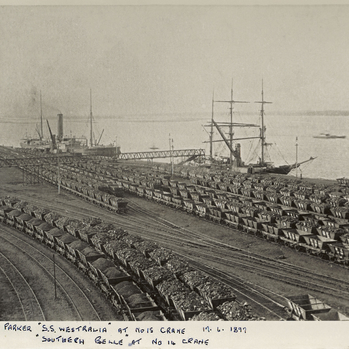 "Huddart Parker  'S.S. Westralia" at no 15 crane, 'Southern Belle' at No 14 crane"