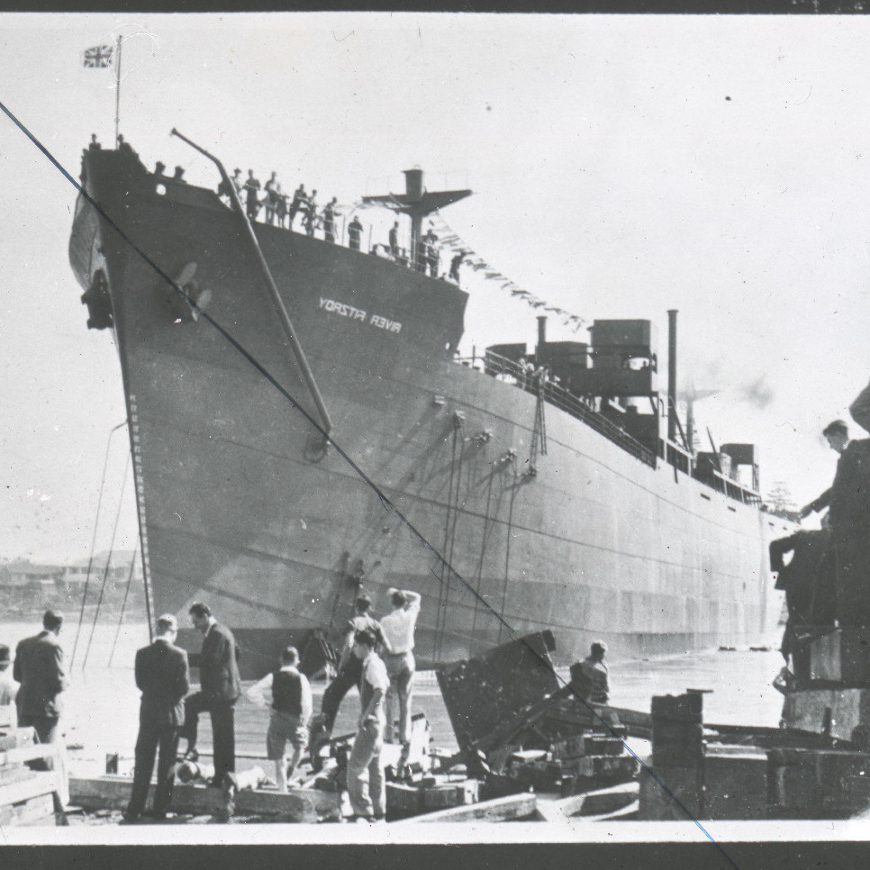 Ship 'River Fitzroy' being launched from State Dockyard, 1941