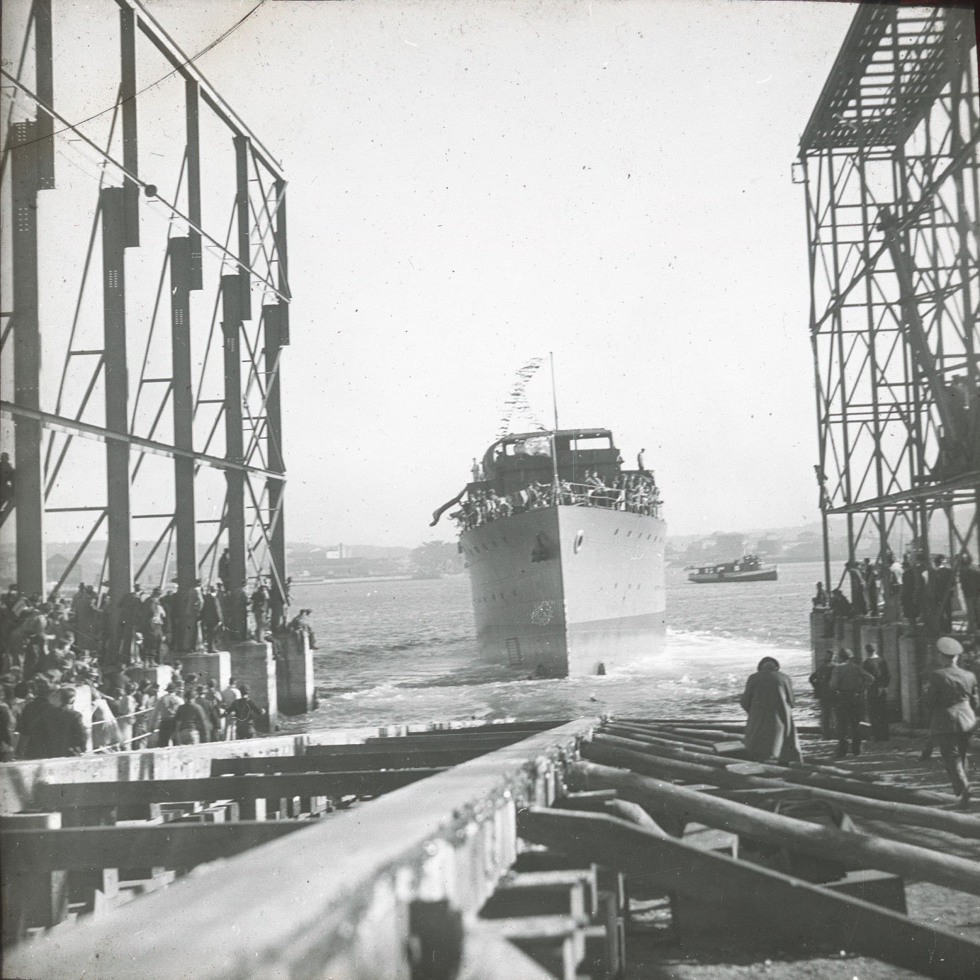 Warship being Launched at Newcastle State Dockyard