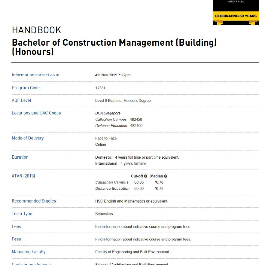 Handbook, Bachelor of Construction Management (Building), (Honours).