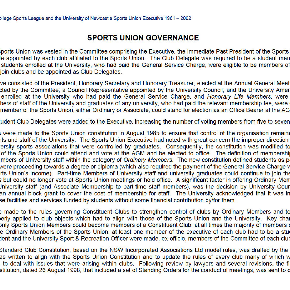 Newcastle University College Sports League and the University of Newcastle Sports Union Executive 1961 – 2002
