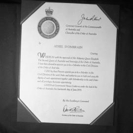 Order of Australia medal awarded to Athel D'Ombrain in 1975 and presented by the Queen at Canberra, September 3, 1977