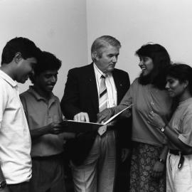 Dr Alan Taylor with four unidentified international students, the University of Newcastle, Australia - 1992