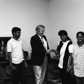 Dr Alan Taylor with four unidentified international students, the University of Newcastle, Australia - 1992