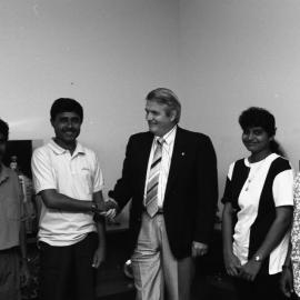 Dr Alan Taylor with four unidentified international students, the University of Newcastle, Australia - 1992