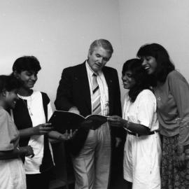 Dr Alan Taylor with four unidentified international students, the University of Newcastle, Australia - 1992