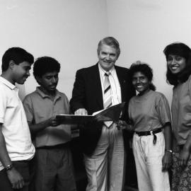Dr Alan Taylor with four unidentified  international students, the University of Newcastle, Australia - 1992