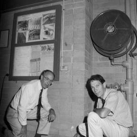 Professor Adrian Page with Professor Rob Melchers  inspecting earthquake damage, the University of Newcastle, Australia - 1992