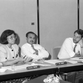 Catherine Wong, Ali Shah, Tony Brown, [?] at an unidentified event, the University of Newcastle, Australia -1992