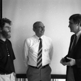 Terry Geddes (middle) - (Senior Instructional Designer) from Charles Sturt University with two unidentified academics, the University of Newcastle, Australia - 1992