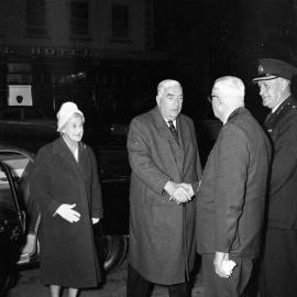 Robert Menzies being met by the Mayor at Maitland Town Hall, NSW, 1961