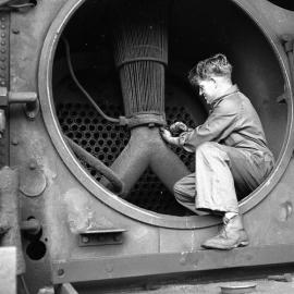 South Maitland Railways, men working on the boilers of engines, 1961