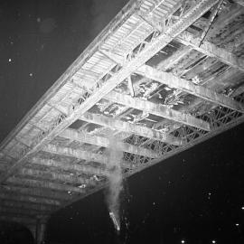 Decking of old Belmore Bridge being burnt during demolition, Maitland, NSW, June 12, 1965