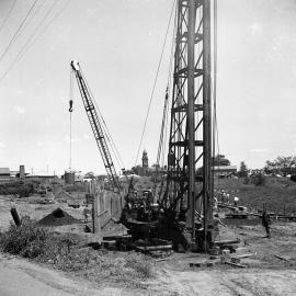 Crane at construction of new Belmore Bridge, Maitland, NSW, 1961