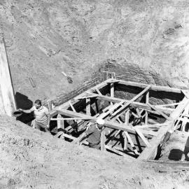 Timber inside hole, construction of new Belmore Bridge, Maitland, NSW, 1961