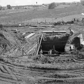 Excavated site for construction of new Belmore Bridge, Maitland, NSW, 1961