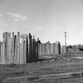 Timber construction [for concrete pour for] new Belmore Bridge, Maitland, NSW, 1961
