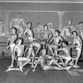 Group of bodybuilders posing for the final night of judging for the Mr Hunter Valley title at the Maitland Adonis Club, NSW
