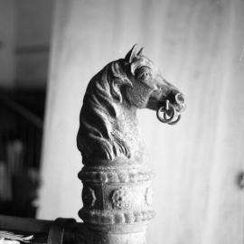 Side view, equine finial in stables, Wallalong House, Wallalong, NSW, 1974