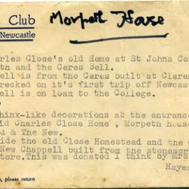 Text on Tattersall's Club letterhead, (Watt Street, Newcastle) relating to Morpeth House, Morpeth, NSW
