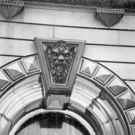 Lion head on exterior of David Cohen and Company building at the time of the fire, High Street, Maitland, NSW, June 1970