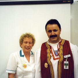 Helen Weaver and unidentified staff member at Multicultural Health Week, Royal Newcastle Hospital, Newcastle, NSW, August 1999