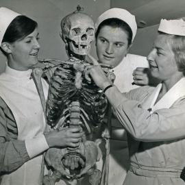 Unidentified nurses with a skeleton, Royal Newcastle Hospital, Newcastle, NSW