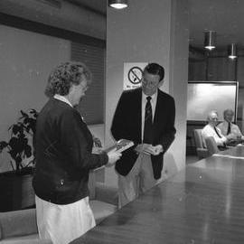 Dr Jack Toohey with unidentified person, Royal Newcastle Hospital, Newcastle, NSW, [1980s]