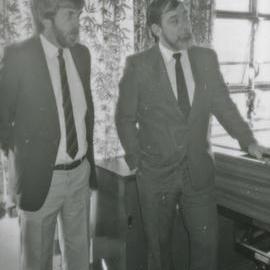 Two unidentified men, at the launch of new hospital beds, Royal Newcastle Hospital, Newcastle, NSW